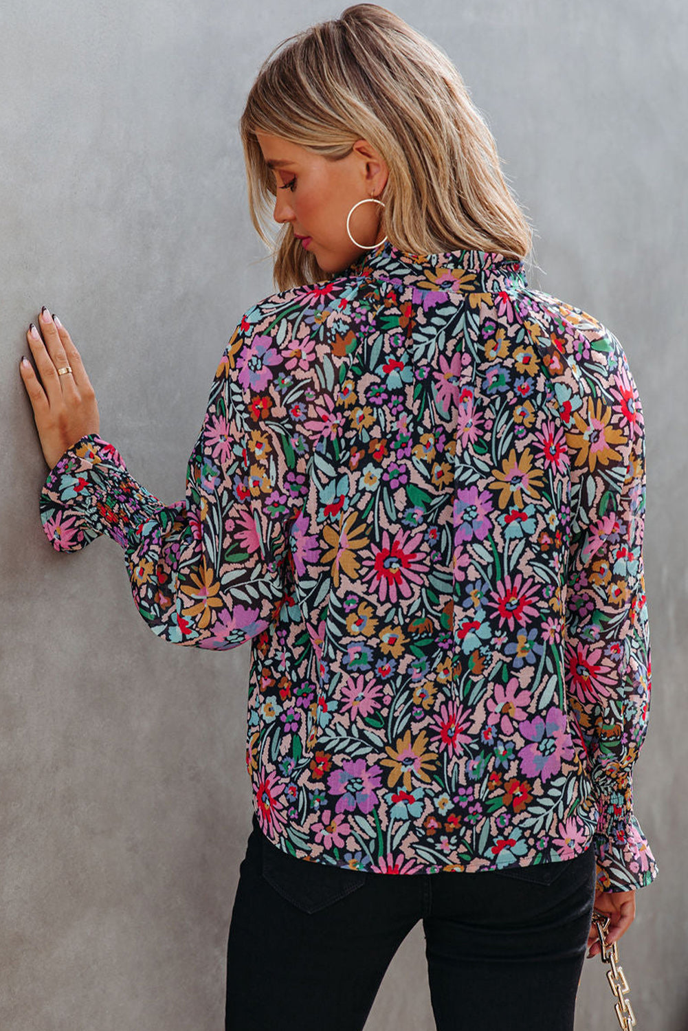 Multicolor Floral Print Ruffled Long Sleeve V-Neck Blouse Blouses & Shirts JT's Designer Fashion