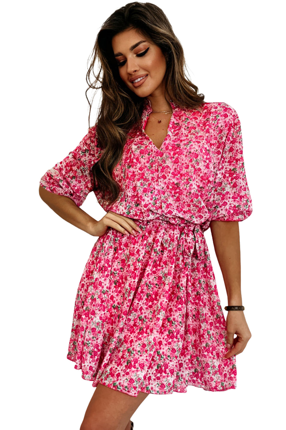 Rose Ditsy Floral Notch V Neck Belted Swing Dress Floral Dresses JT's Designer Fashion