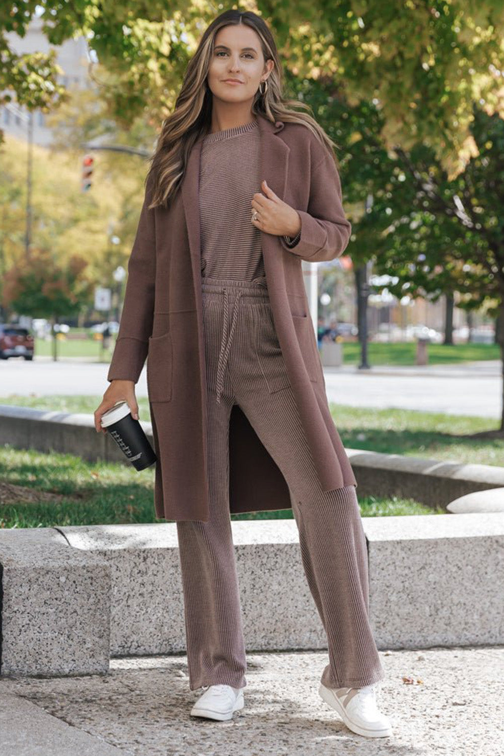 Dark Brown Solid Color Long Sleeve Top and Drawstring Pants Set Bottoms JT's Designer Fashion