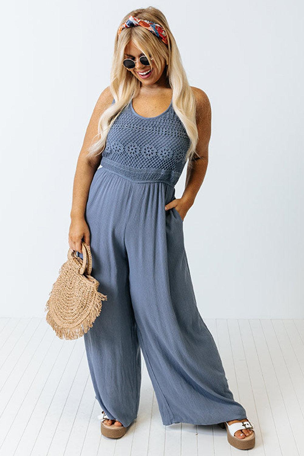 Blue Tie Back Crochet Tank Casual Plus Size Jumpsuit Plus Size Bottoms JT's Designer Fashion