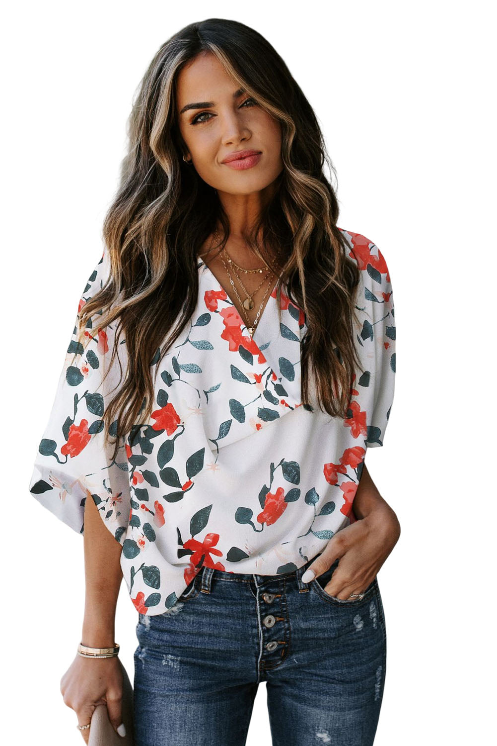 White Floral Print Drape V Neck Short Sleeve Blouse Blouses & Shirts JT's Designer Fashion