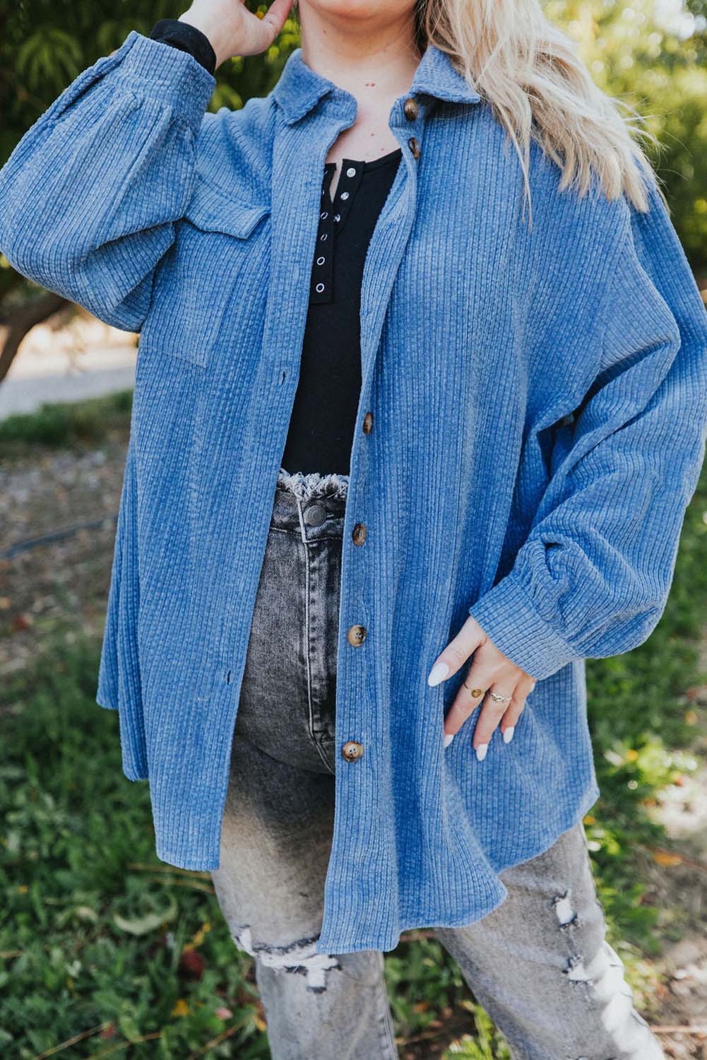 Blue Plus Size Pocketed Button Up Corduroy Shacket Plus Size JT's Designer Fashion