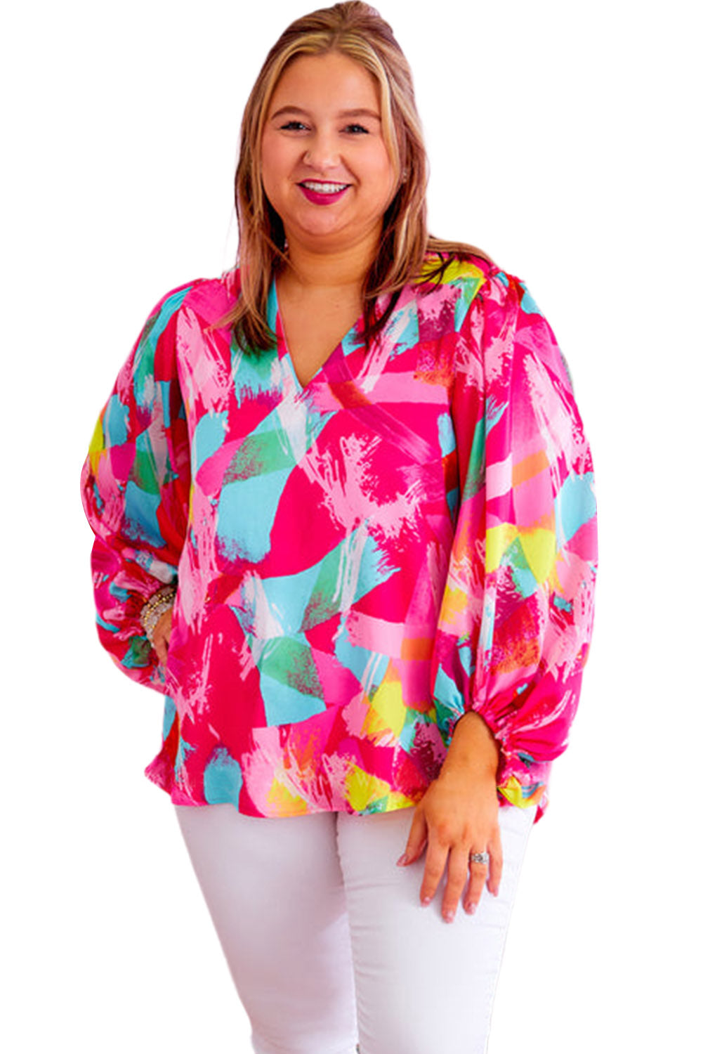 Pink Plus Size Graffiti Print Split Neck Puff Sleeve Blouse Plus Size JT's Designer Fashion