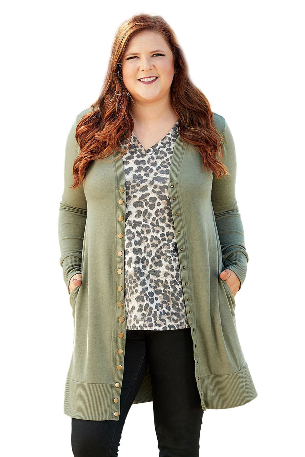 Green Plus Size Snap Buttons Front Knit Cardigan Plus Size JT's Designer Fashion