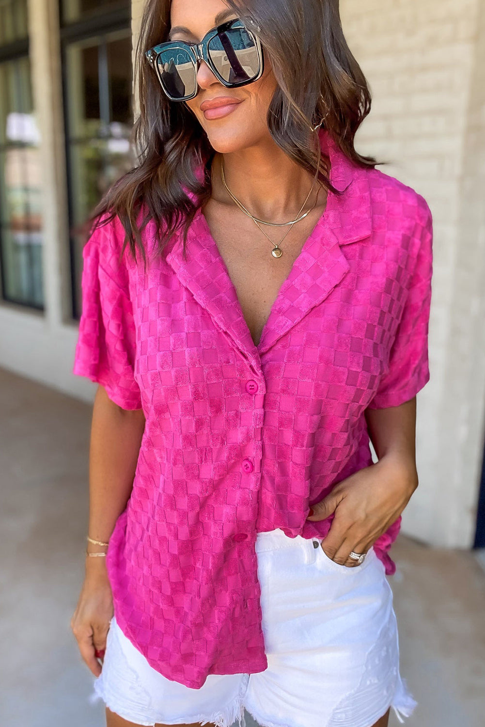 Bright Pink Lapel Neck Checkered Textured Shirt Tops & Tees JT's Designer Fashion