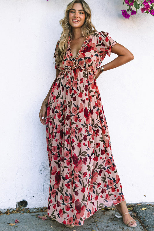 Red Floral Print Frilled V Neck Short Sleeve Maxi Dress Red 100%Polyester Maxi Dresses JT's Designer Fashion