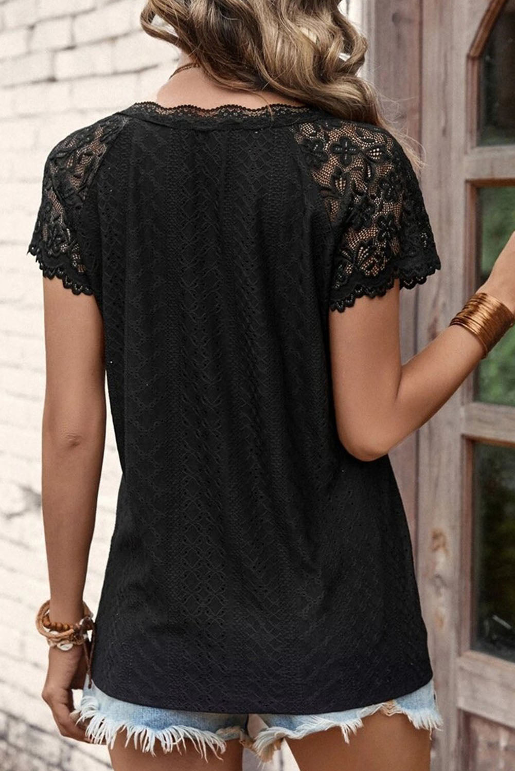 Black Lace Short-Sleeve Scalloped V-Neck Top Tops & Tees JT's Designer Fashion