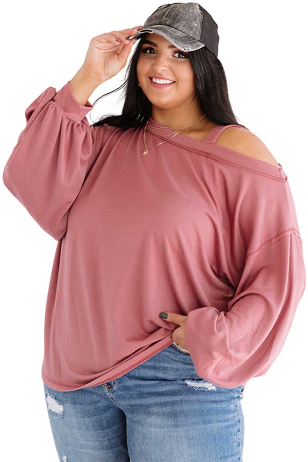 Pink Asymmetric Cold Shoulder Puff Sleeve Plus Size Top Plus Size JT's Designer Fashion