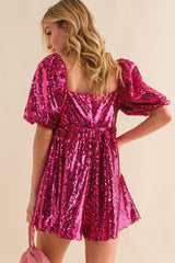Rose Red Short Puff Sleeve Sequin Babydoll Romper Jumpsuits & Rompers JT's Designer Fashion