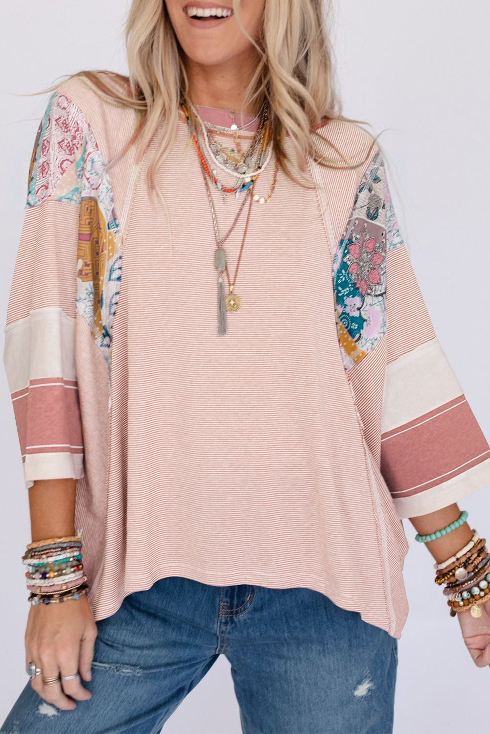 Pink Printed Pinstriped Color Block Patchwork Oversized Top Tops & Tees JT's Designer Fashion