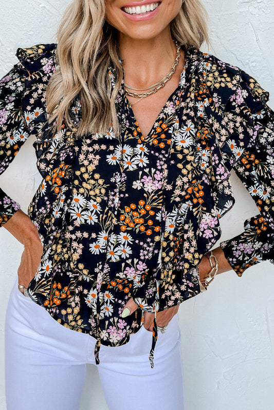 Black Floral Print Tie Split Neck Ruffle Long Sleeve Blouse Tops & Tees JT's Designer Fashion