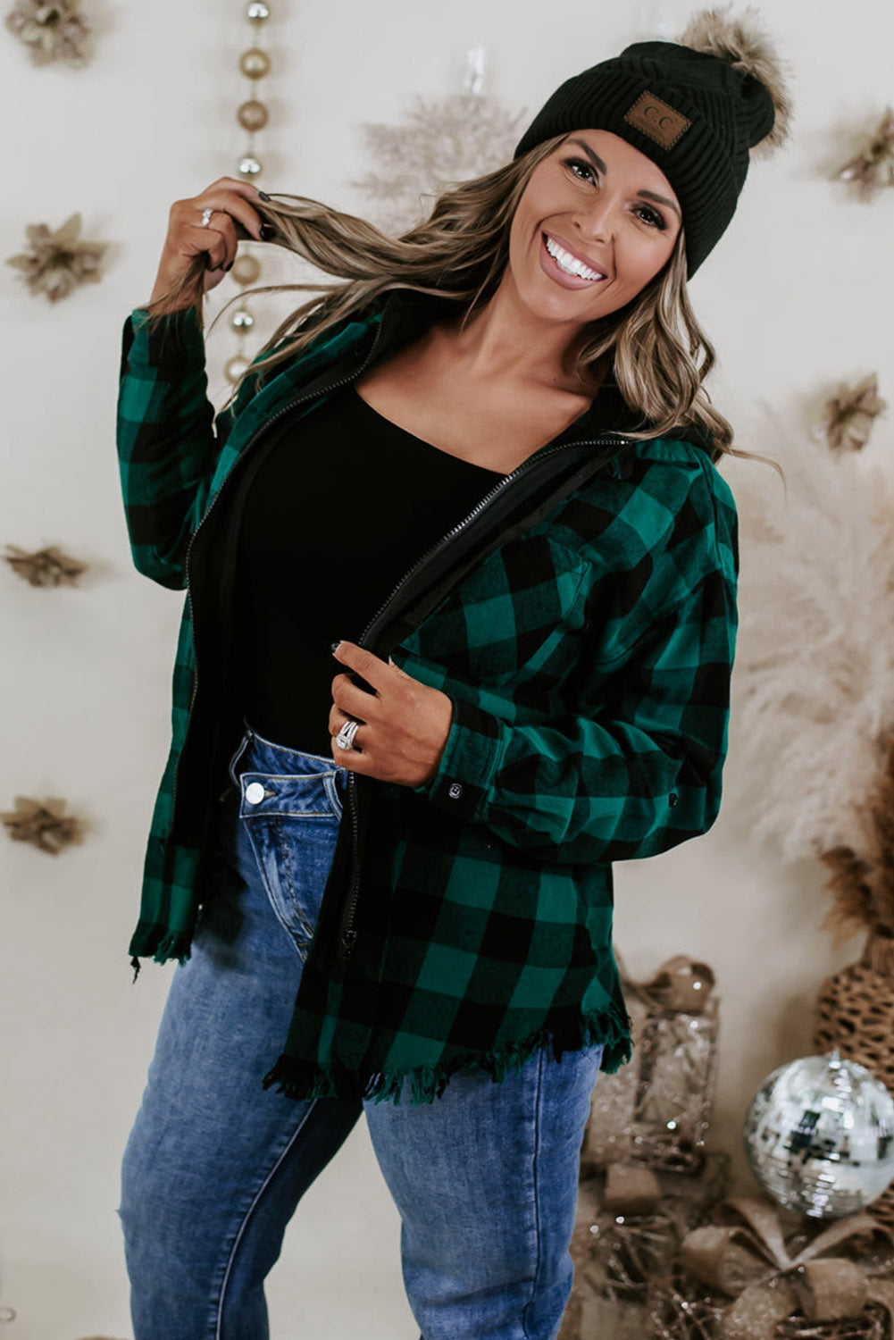 Blackish Green Plus Size Plaid Hooded Distressed Zip-Up Jacket Plus Size JT's Designer Fashion