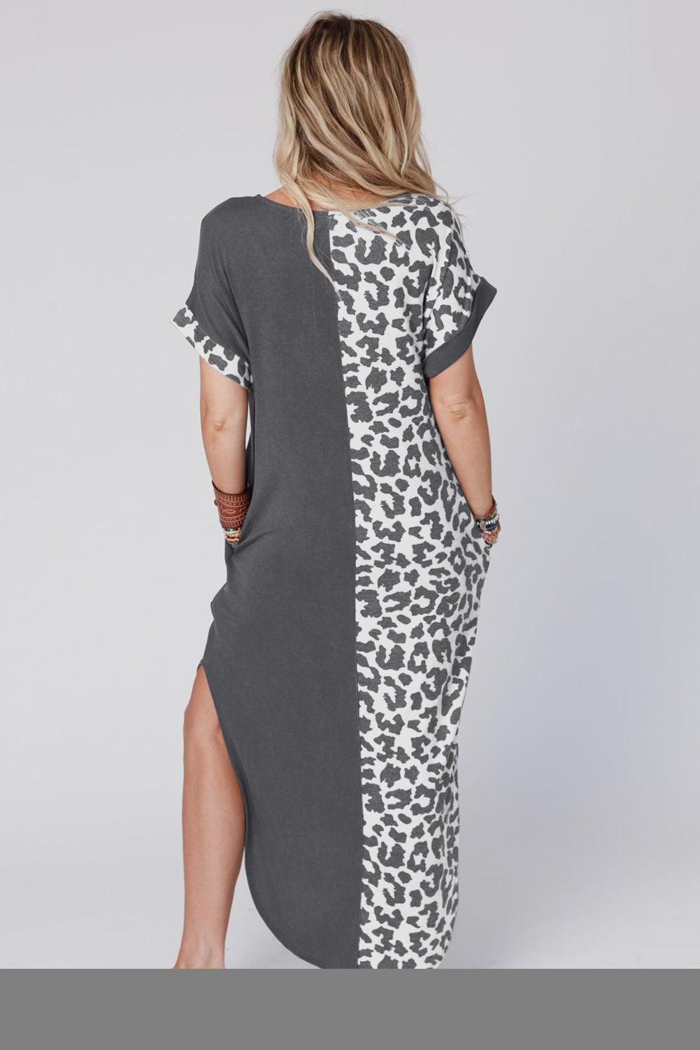 Gray Contrast Solid Leopard Short Sleeve T-shirt Dress with Slits T Shirt Dresses JT's Designer Fashion