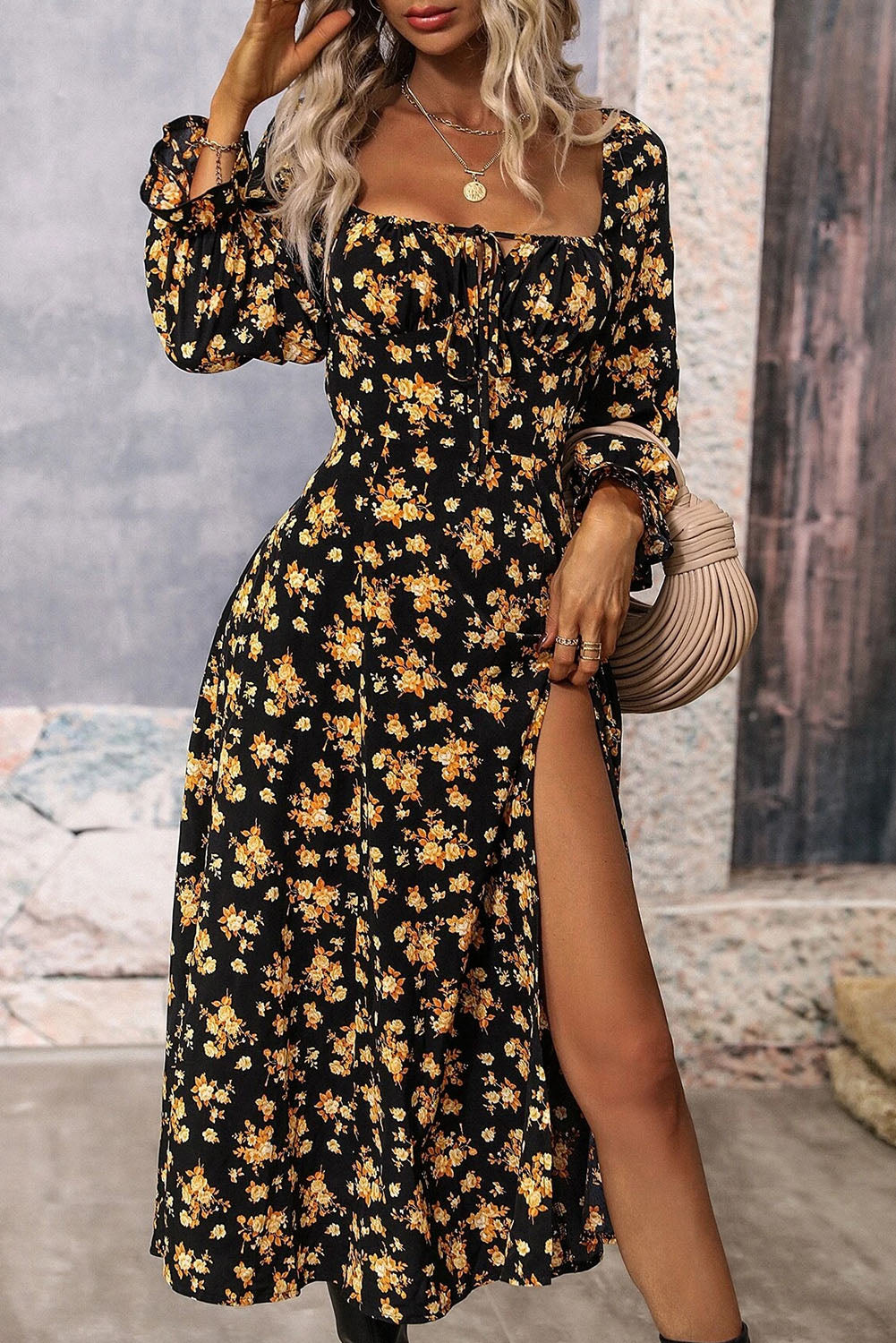 Black Floral Tie Square Neck Puff Sleeve Slit Dress Dresses JT's Designer Fashion