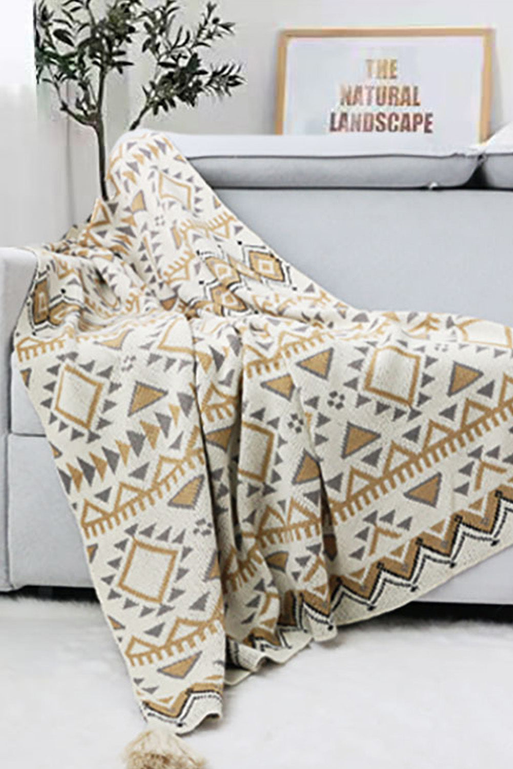 Beige Boho Geometric Knitted Tasseled Throw Blanket 127*170cm Other Accessories JT's Designer Fashion