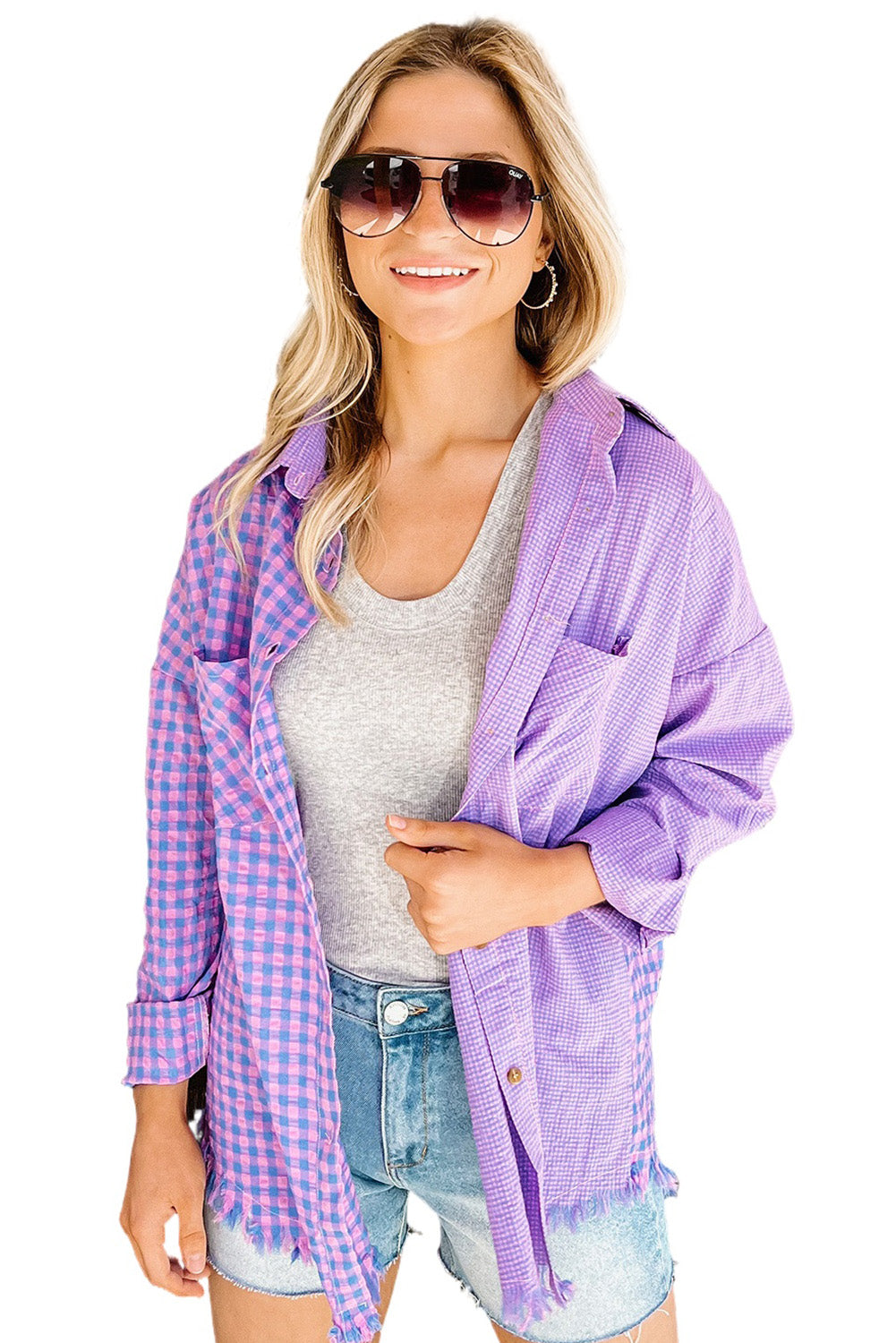 Purple Mixed Plaid Button Down Long Sleeve Chest Pocket Shirt Tops & Tees JT's Designer Fashion