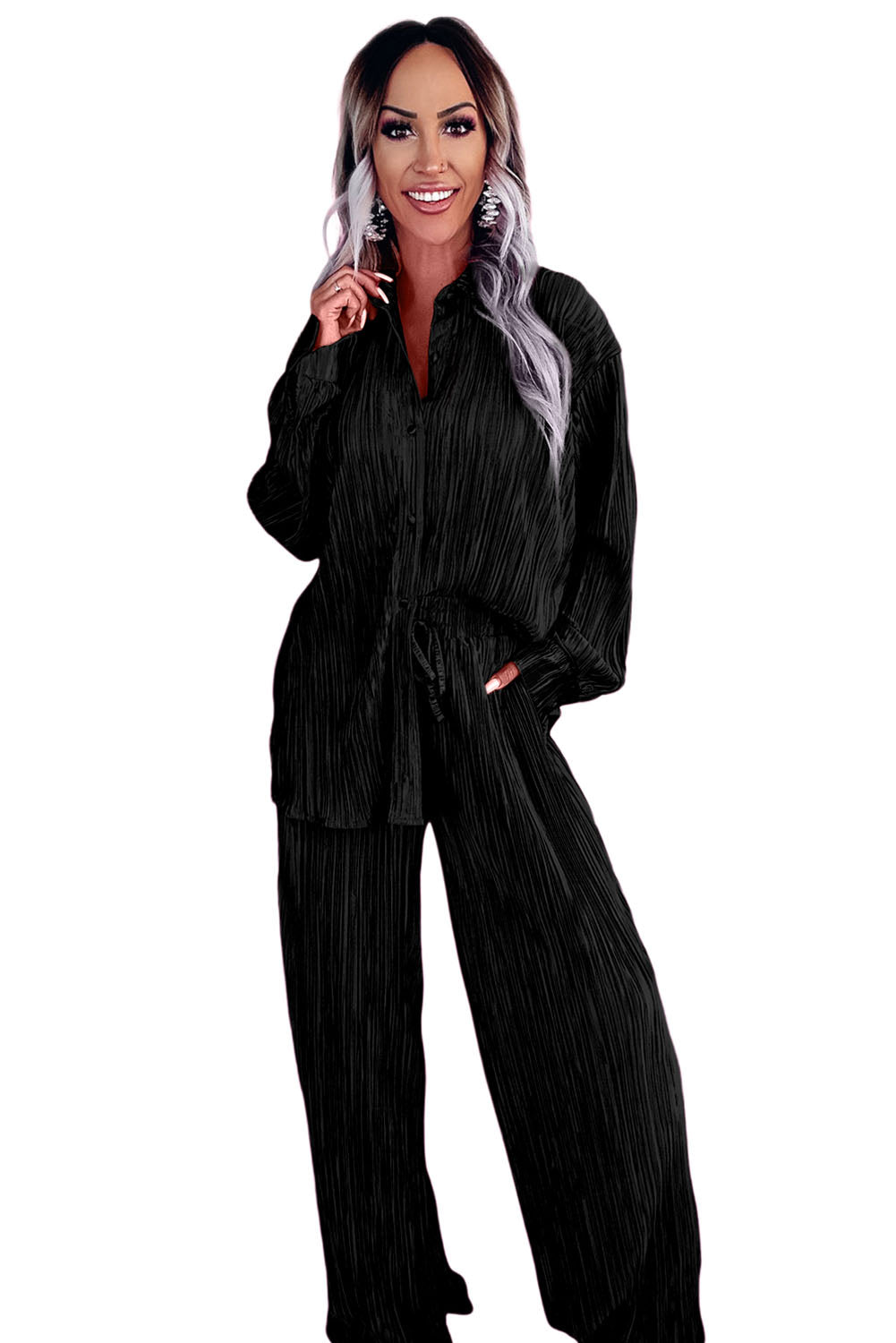 Black Pleated Long Sleeve Shirt and Wide-Leg Pants Set Bottoms JT's Designer Fashion