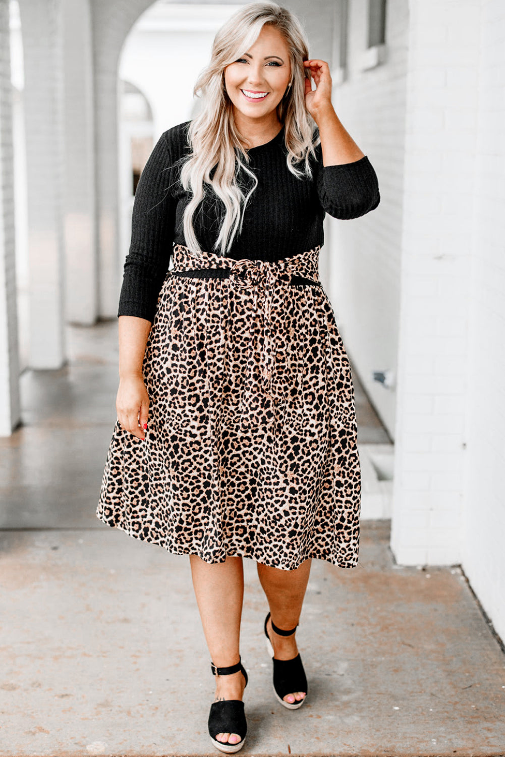 Ribbed Knit Leopard Plus Size Midi Dress Plus Size Dresses JT's Designer Fashion