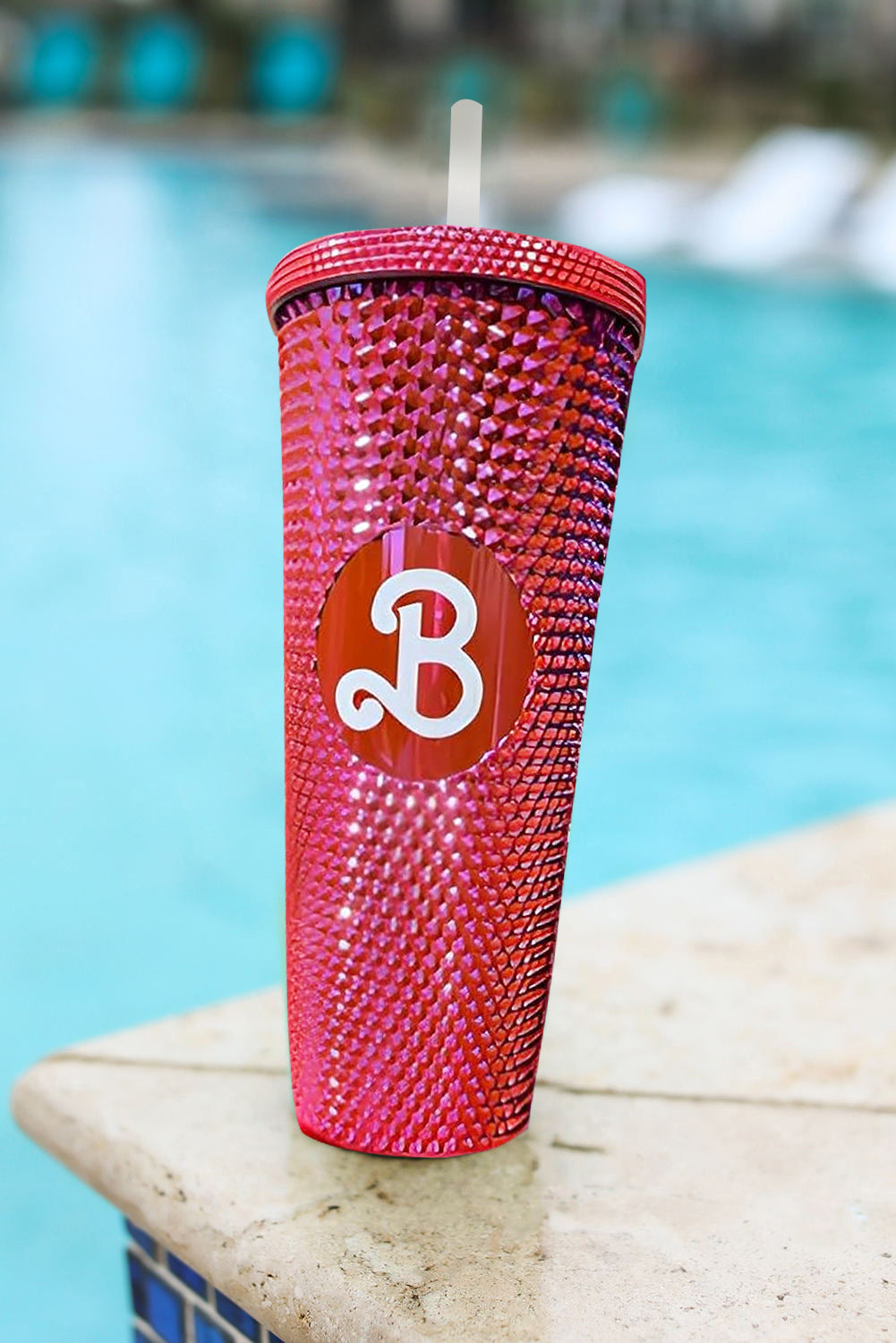 Rose Red Letter B Studded Tumbler with Straw Tumblers JT's Designer Fashion