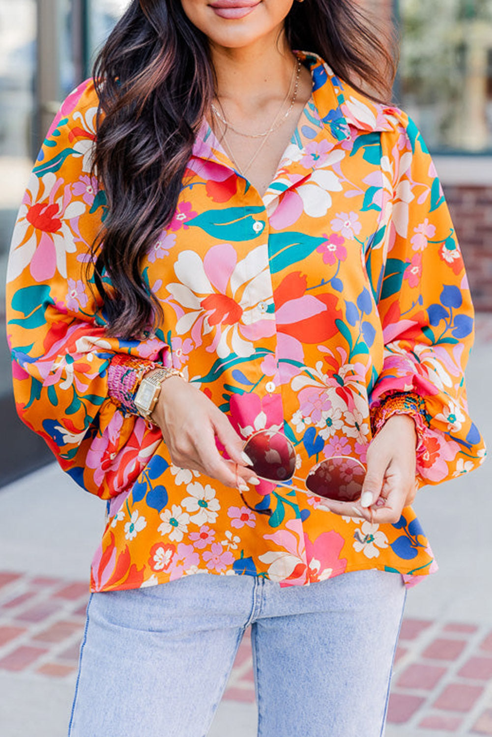 Carrot Floral Print Smocked Puff Sleeve Shirt Tops & Tees JT's Designer Fashion