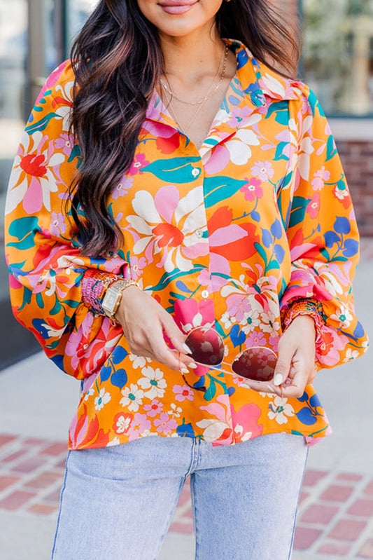 Carrot Floral Print Smocked Puff Sleeve Shirt Tops & Tees JT's Designer Fashion