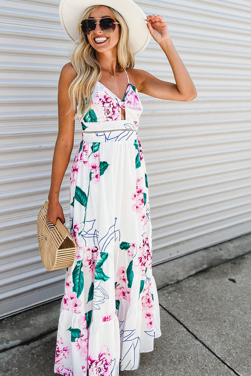 White Floral Twist Cutout Adjustable Straps Maxi Dress Floral Dresses JT's Designer Fashion