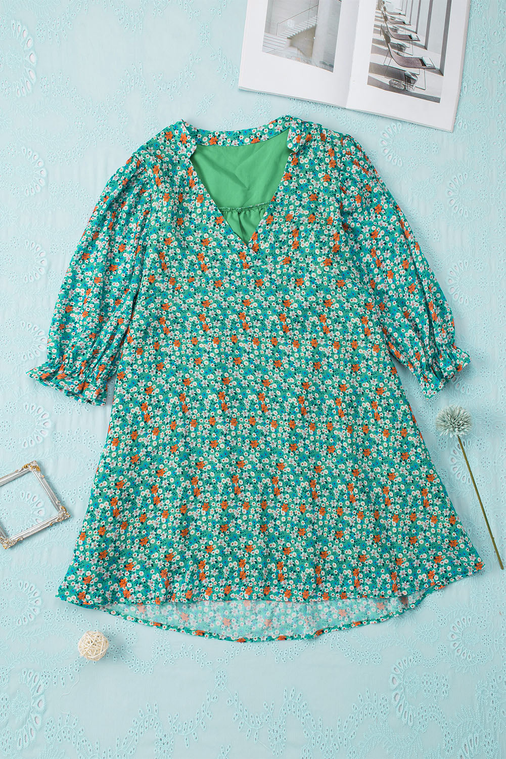 Green 3/4 Bubble Sleeve Floral Dress Floral Dresses JT's Designer Fashion