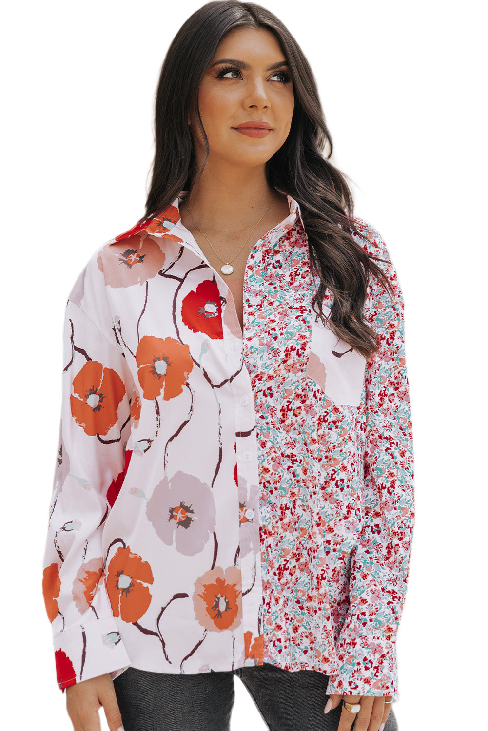 Red Floral Patchwork Buttoned Shirt with Pocket Blouses & Shirts JT's Designer Fashion