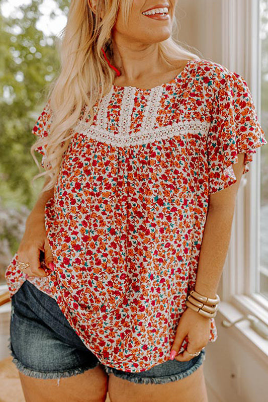 Red Floral Printed Lace Trim Plus Ruffle Sleeve Blouse Plus Size Tops JT's Designer Fashion