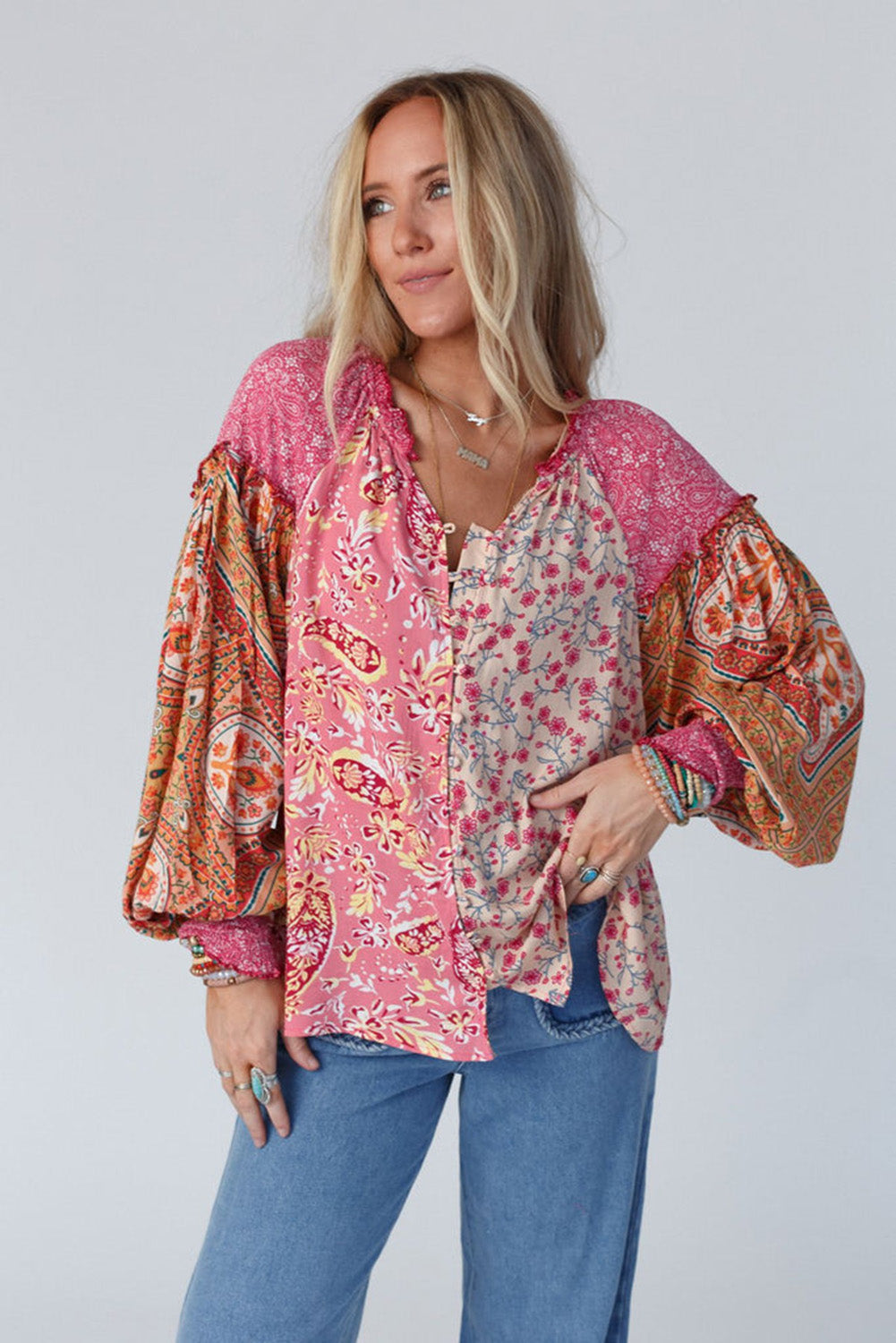 Pink Mixed Floral Printed Puff Sleeve V-Neck Shirt Tops & Tees JT's Designer Fashion