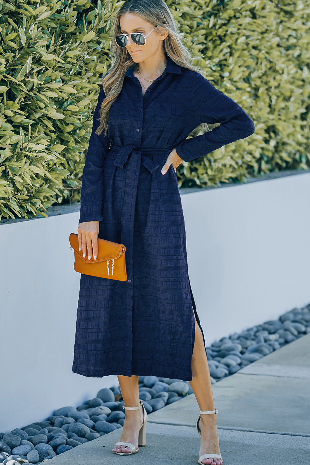 Blue Crinkle Textured Long Sleeve Shirt Dress with Belt T Shirt Dresses JT's Designer Fashion