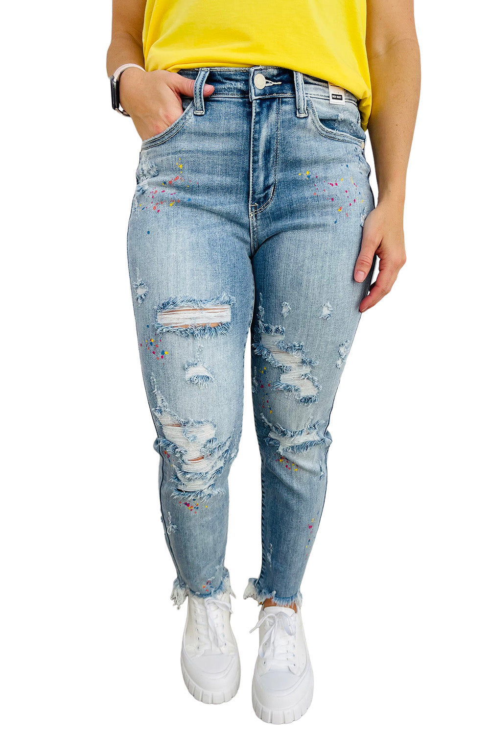 Sky Blue Light Wash Splash-ink Distressed Plus Size Jeans Plus Size JT's Designer Fashion