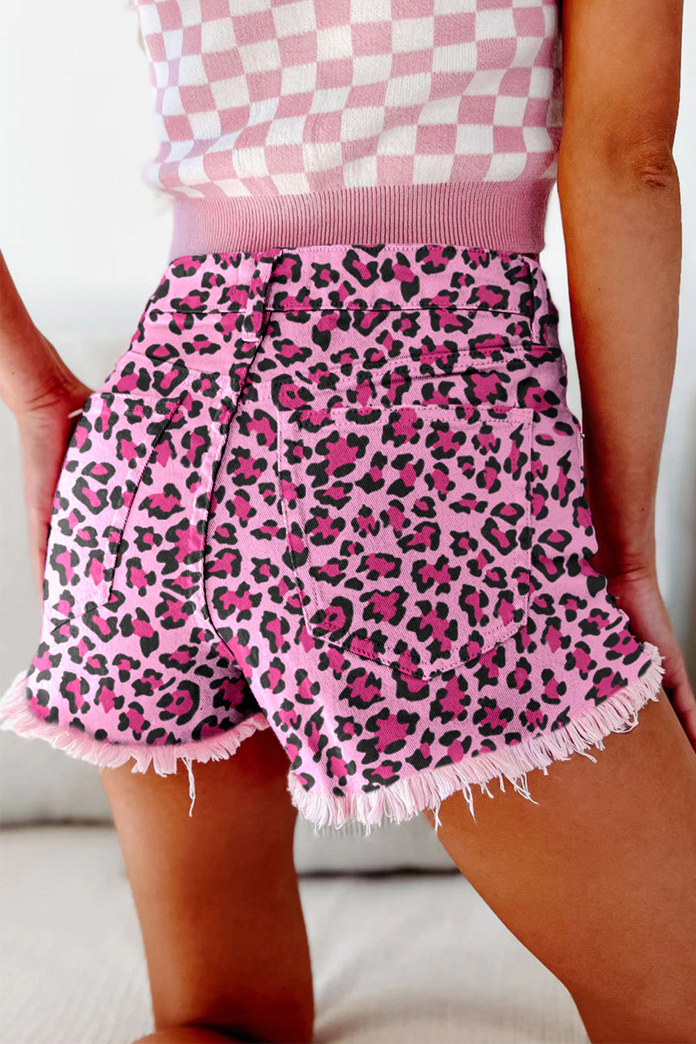 Barbie Style Pink Leopard Print Raw Hem Denim Shorts Denim Shorts JT's Designer Fashion