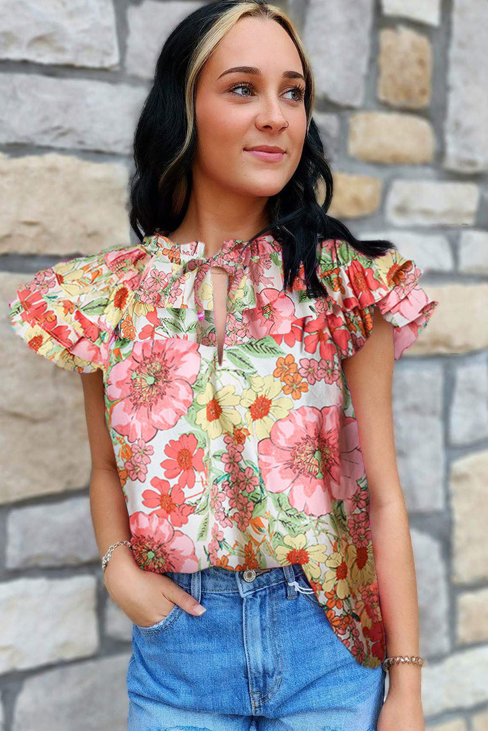 Multicolor Rose Ruffle Flutter Sleeve Floral Print Blouse Tops & Tees JT's Designer Fashion