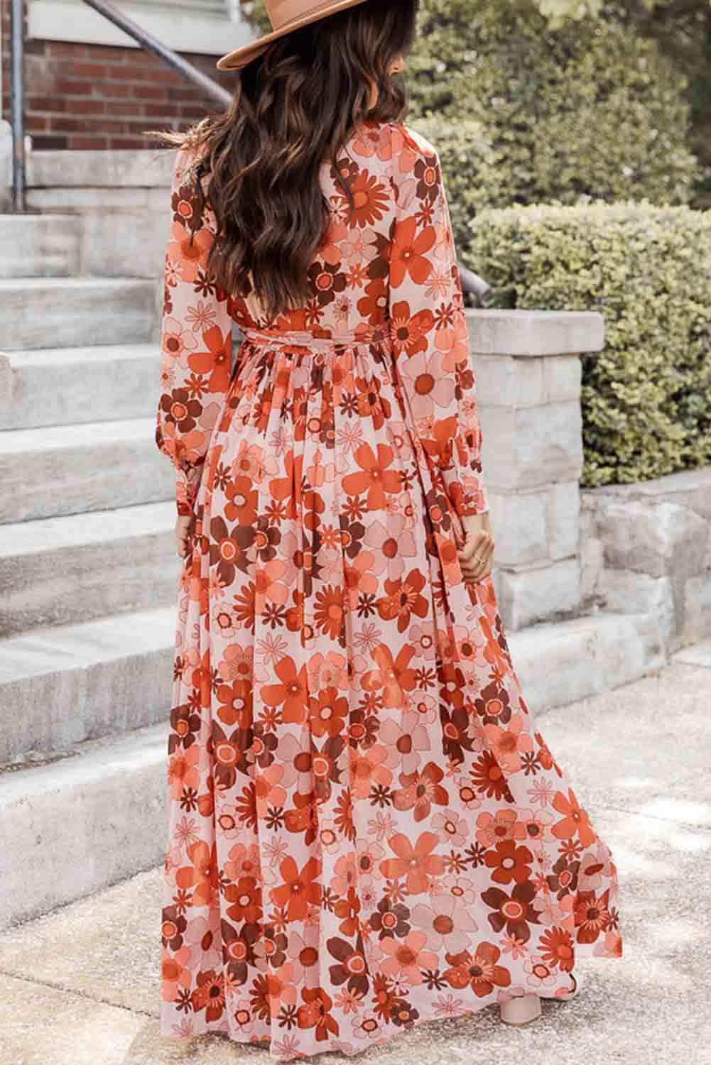 Orange Floral V-Neck Long Sleeve Belted Maxi Dress Dresses JT's Designer Fashion