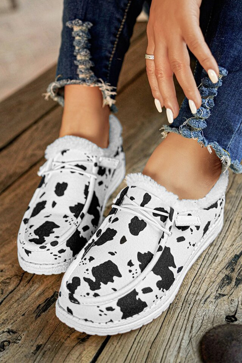 Bright White Cow Pattern Lace-up Decor Front Slip-on Flats Women's Shoes JT's Designer Fashion