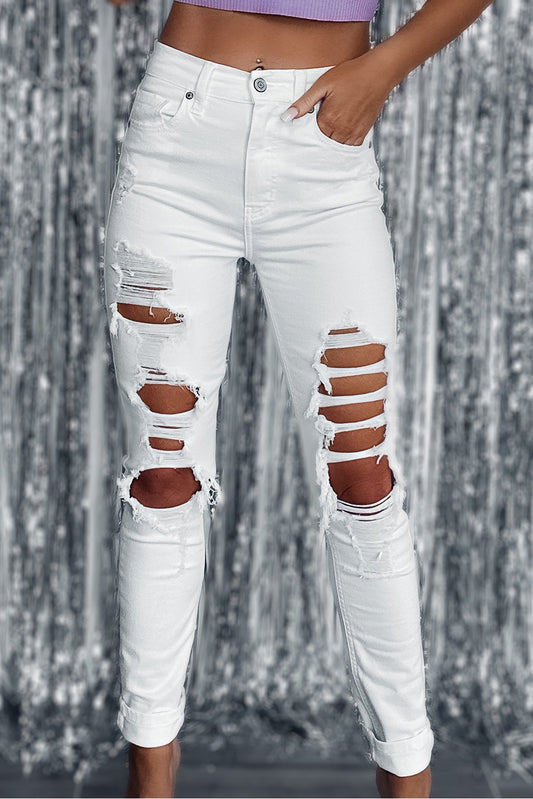 White Distressed Ripped Holes High Waist Skinny Jeans Bottoms JT's Designer Fashion