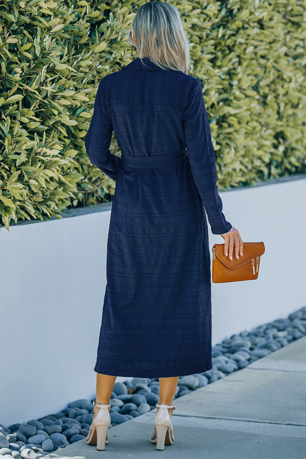 Blue Crinkle Textured Long Sleeve Shirt Dress with Belt T Shirt Dresses JT's Designer Fashion