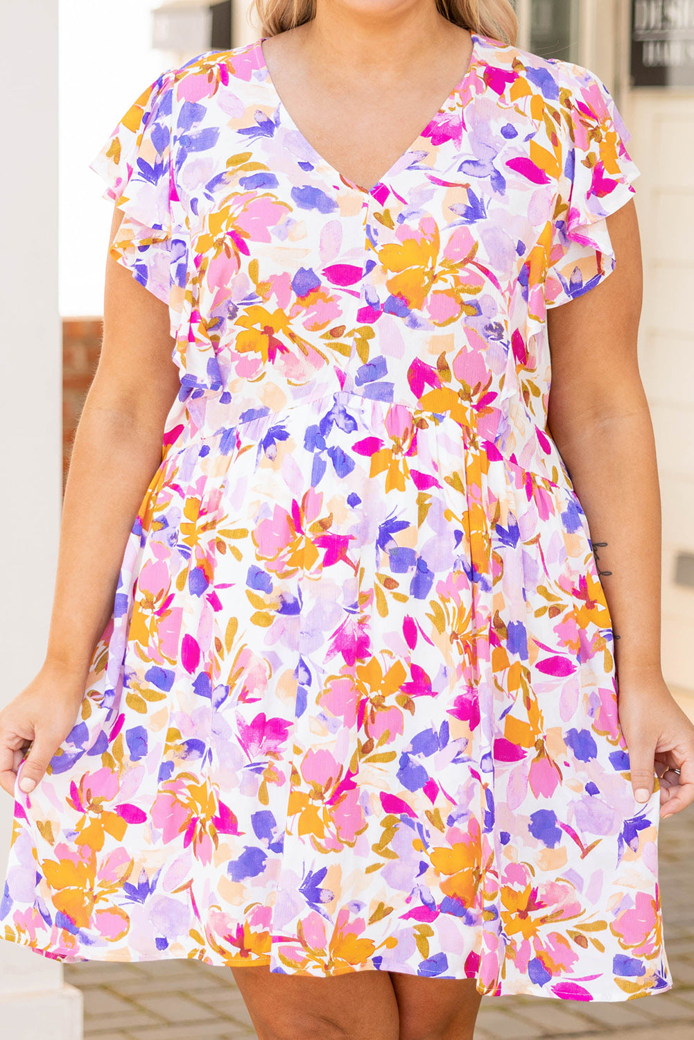 Multicolor Floral V-Neck Ruffled Sleeve Plus Size Dress Multicolor 100%Polyester Plus Size Dresses JT's Designer Fashion