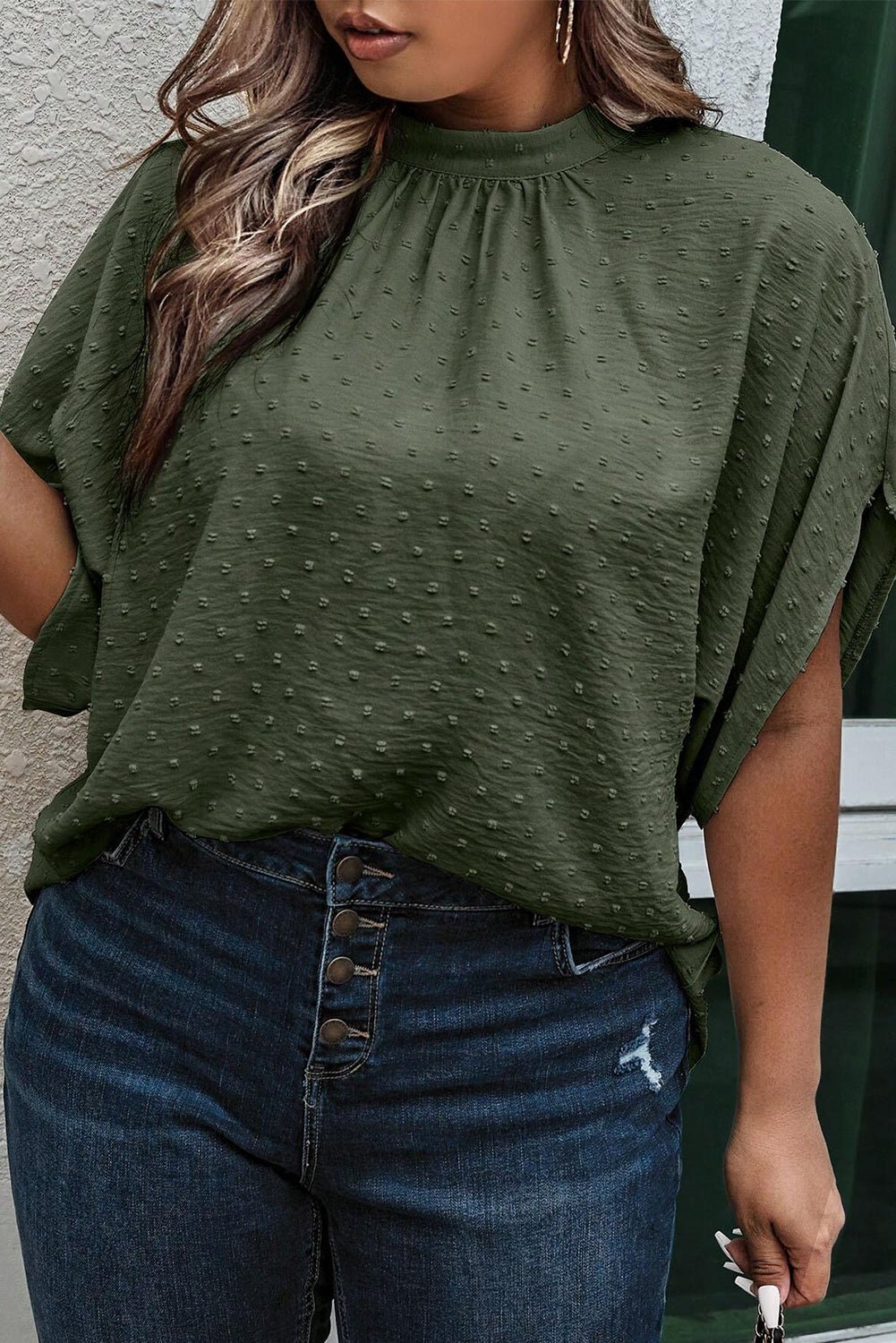 Moss Green Mock Neck Tied Nape Swiss Dot Plus Size Top Plus Size JT's Designer Fashion