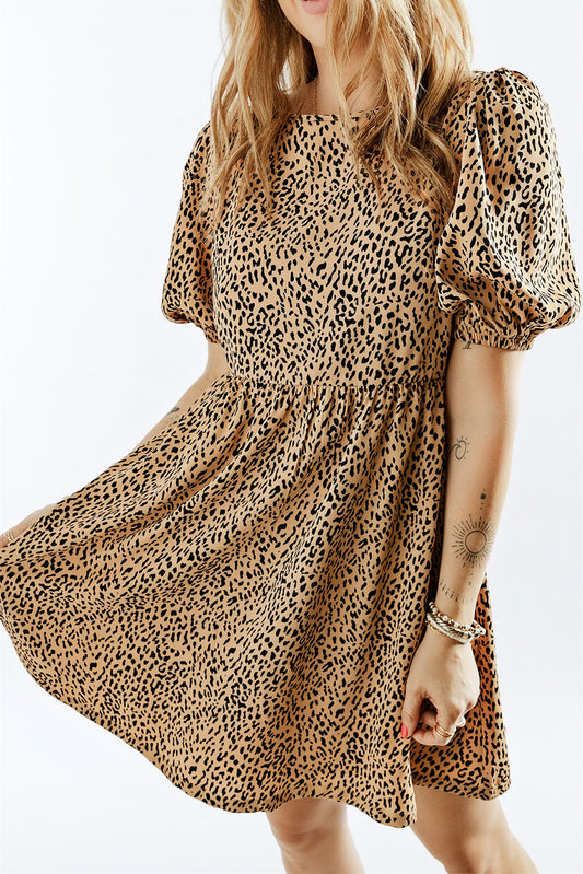 Leopard Animal Print Bubble Sleeve Babydoll Dress Mini Dresses JT's Designer Fashion