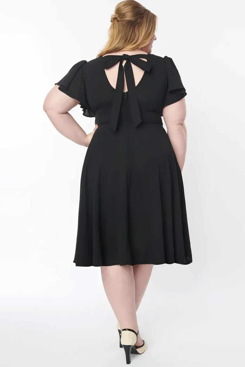 Black Plus Size Flutter Sleeve V Neck Midi Dress Plus Size Dresses JT's Designer Fashion