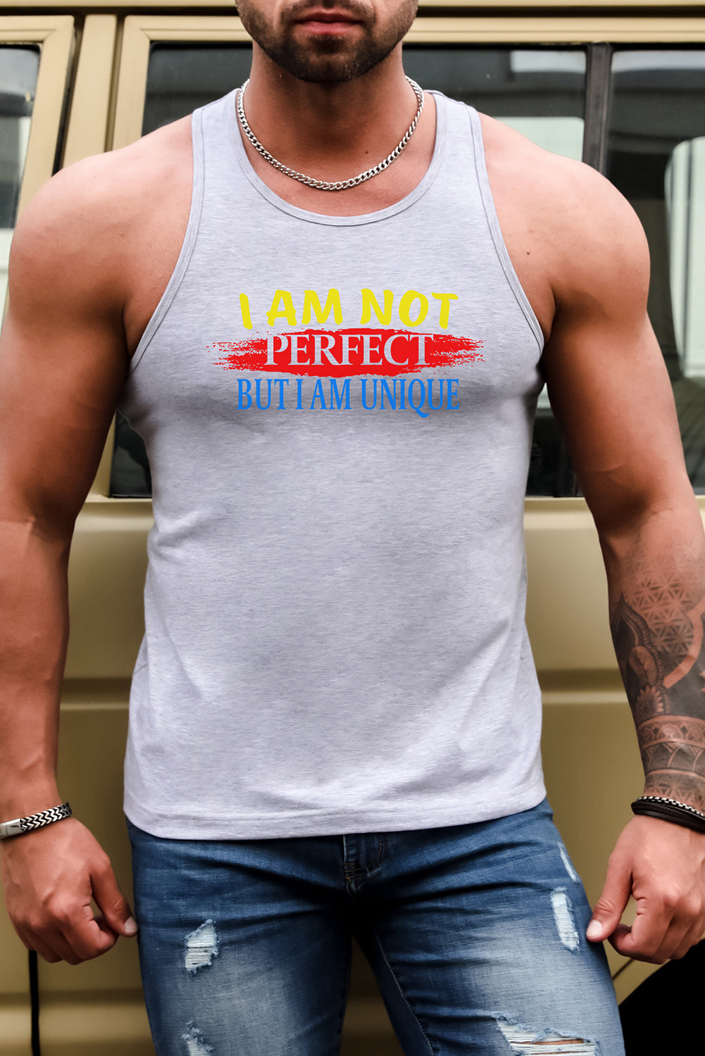 Gray Letter Print Slim-fit O-neck Men's Tank Top Gray 62%Polyester+32Cotton+6%Elastane Men's Tops JT's Designer Fashion