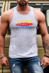 Gray Letter Print Slim-fit O-neck Men's Tank Top Gray 62%Polyester+32Cotton+6%Elastane Men's Tops JT's Designer Fashion