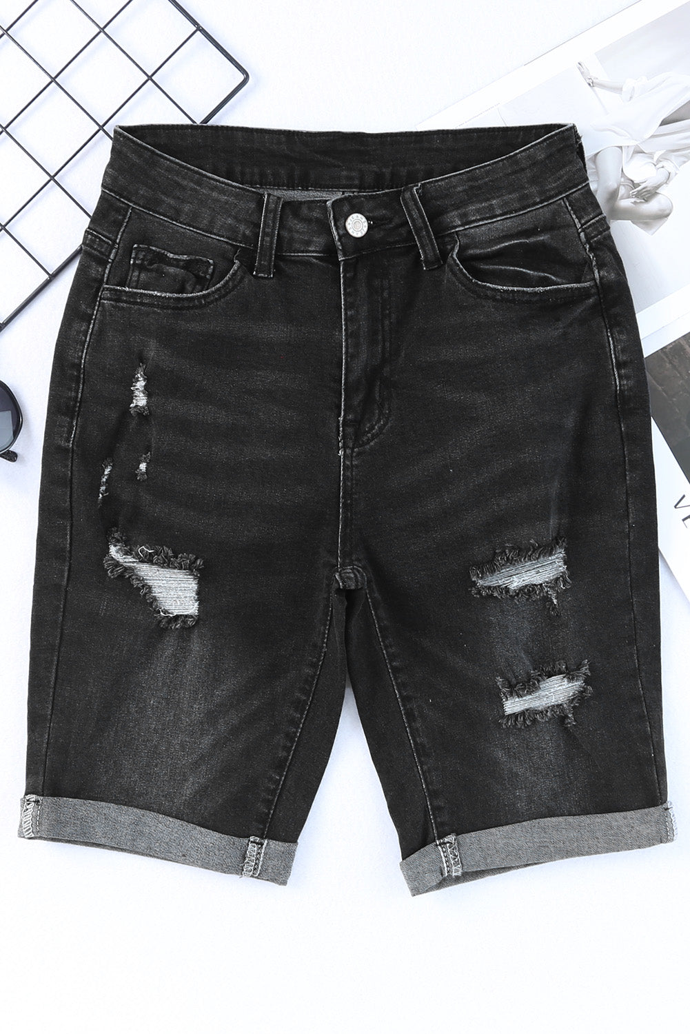 Black Roll-up Distressed Bermuda Denim Shorts Denim Shorts JT's Designer Fashion