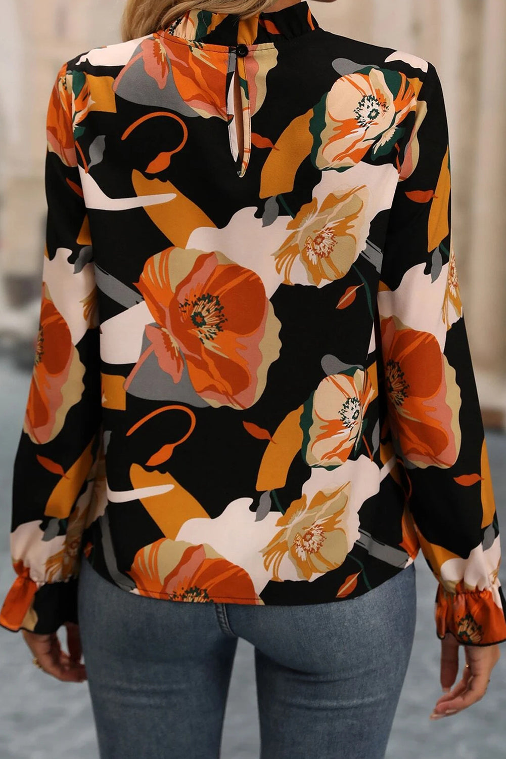 Black Mock Neck Floral Blouse with Keyhole Tops & Tees JT's Designer Fashion