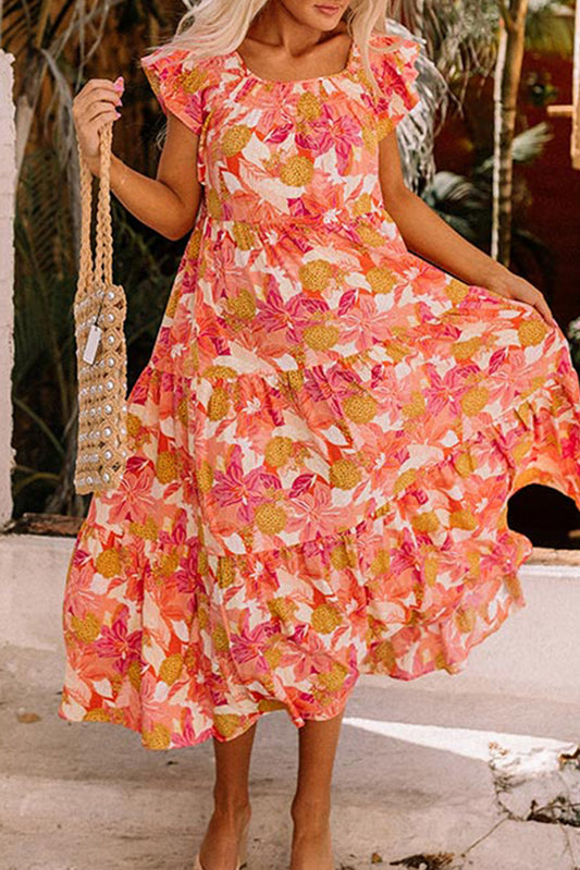 Multicolor Floral Print Ruffle Sleeve Tiered Long Dress Multicolor 100%Polyester Maxi Dresses JT's Designer Fashion