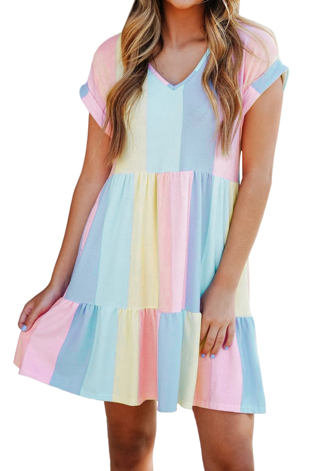 Multicolor Striped Color Block Tiered Mini Dress Mini Dresses JT's Designer Fashion