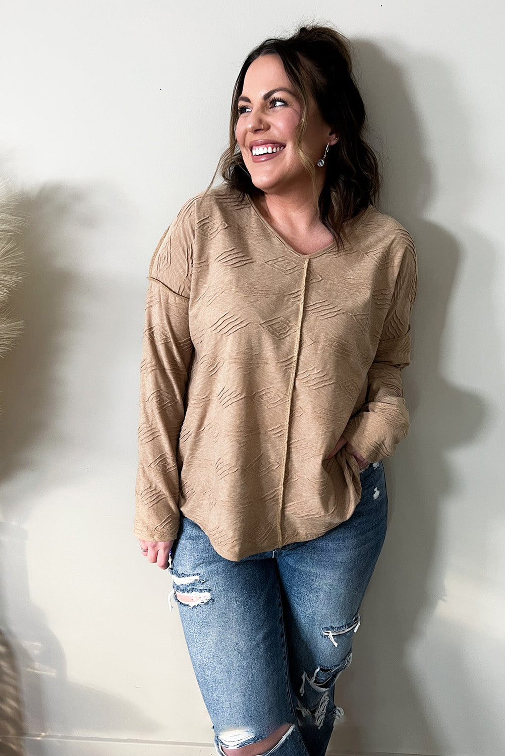 Khaki Plus Size Textured V Neck Drop Shoulder Outseam Pullover Top Plus Size JT's Designer Fashion