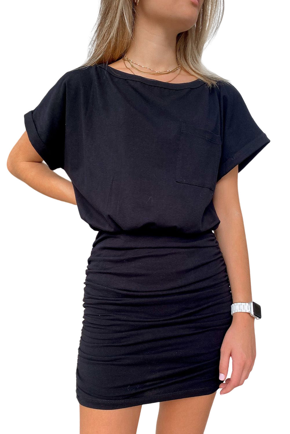 Black Chest Pocket Loose T-shirt Ruched Bodycon Mini Dress Mini Dresses JT's Designer Fashion